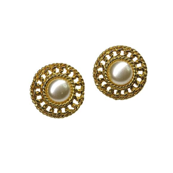 1980s Gold Caged Pearl Vintage Earrings Costume Earrings - Picture 2 of 3